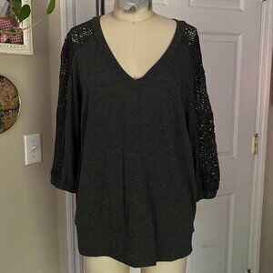 VENUS Dark Gray Crochet shoulder Slouchy Dolman Y2K Shirt tunic *MEDIUM*